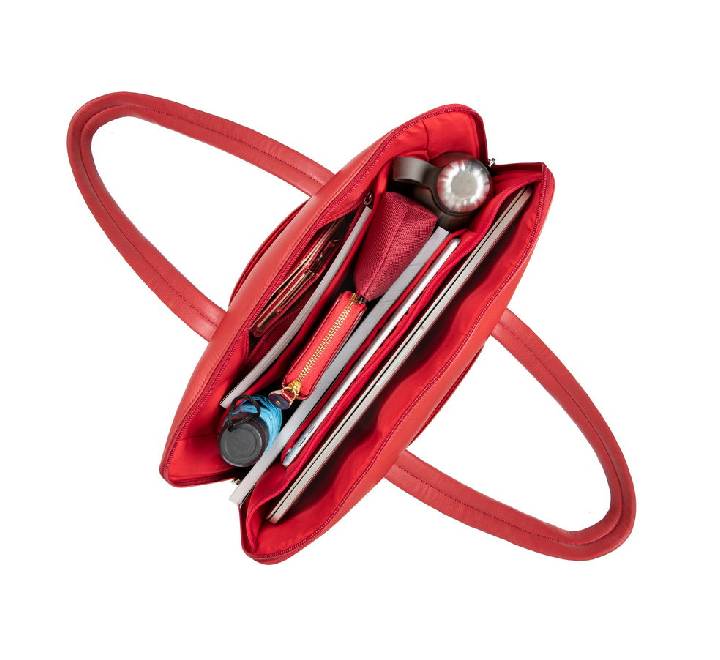 Close-up of the front external smartphone slot and elegant metal zipper pulls on the red Rivacase 8992 designer tote.