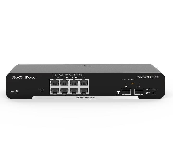 Ruijie Reyee RG-NBS3100-8GT2SFP 10-Port Layer 2 Switch showing 8 gigabit ports and 2 SFP fiber slots.