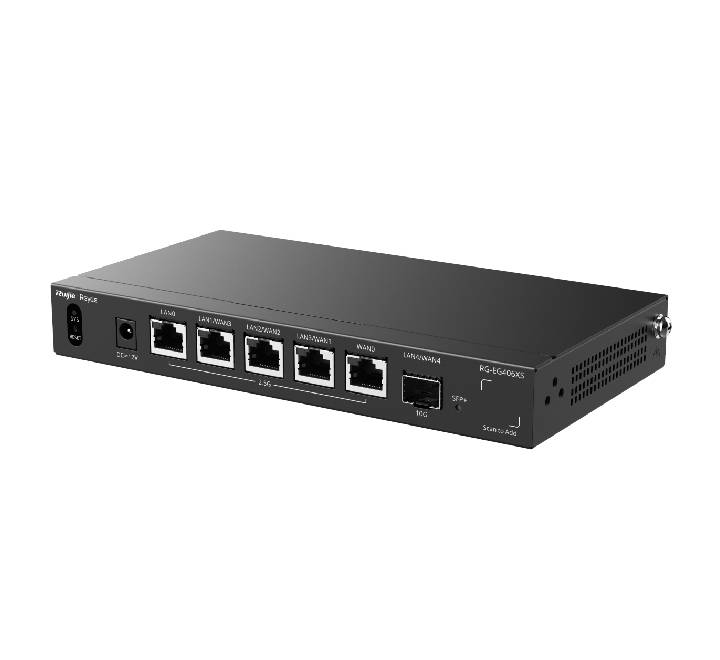 Ruijie Reyee RG-EG406XS rear panel showing 5x 2.5G Ethernet ports and 1x 10G SFP+ optical uplink port
