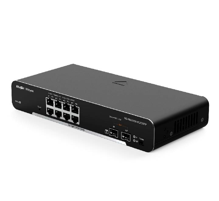 Close up view of the 2 SFP optical uplink ports on the dark metallic gray Ruijie RG-NBS3100-8GT2SFP chassis.