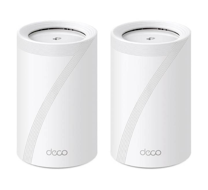 TP-Link Deco BE65 Pro 2-Pack BE11000 Tri-Band WiFi 7 mesh system units standing vertically.