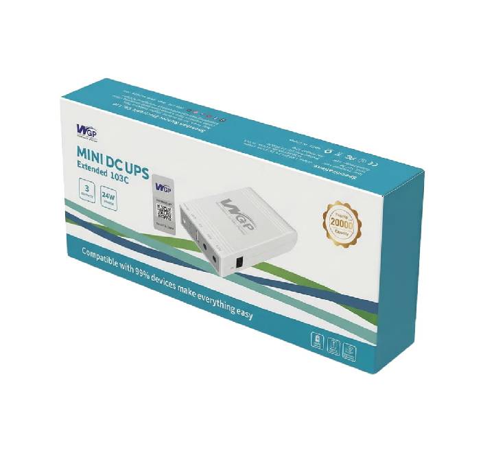 WGP Mini DC UPS 20000mAh in White color showing multiport DC outputs for fiber WiFi router battery backup in Myanmar.