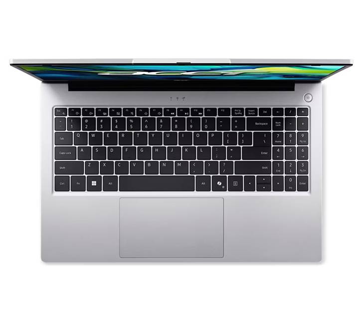 Closed view of the thin and lightweight Acer Aspire Lite 15 metallic-finish laptop showcasing its sleek silver portability.