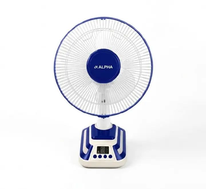 Alpha ALTF 124BT 12-inch rechargeable table fan in white front view