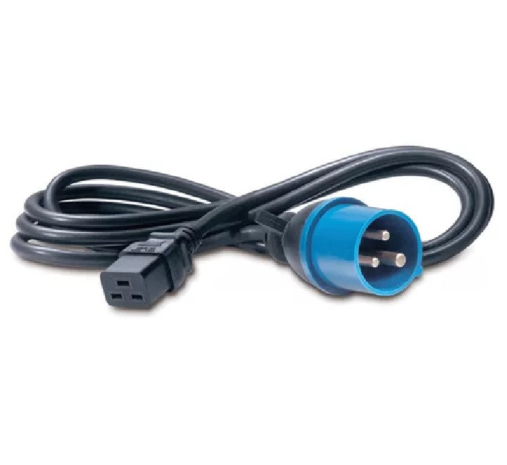 Close up view of the IEC 309 16A plug and C19 connector on the APC AP9876 power cable
