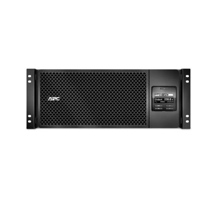 APC Smart-UPS SRT 6000VA RM 230V online UPS showing its front control panel, LCD display, and black rackmount chassis.