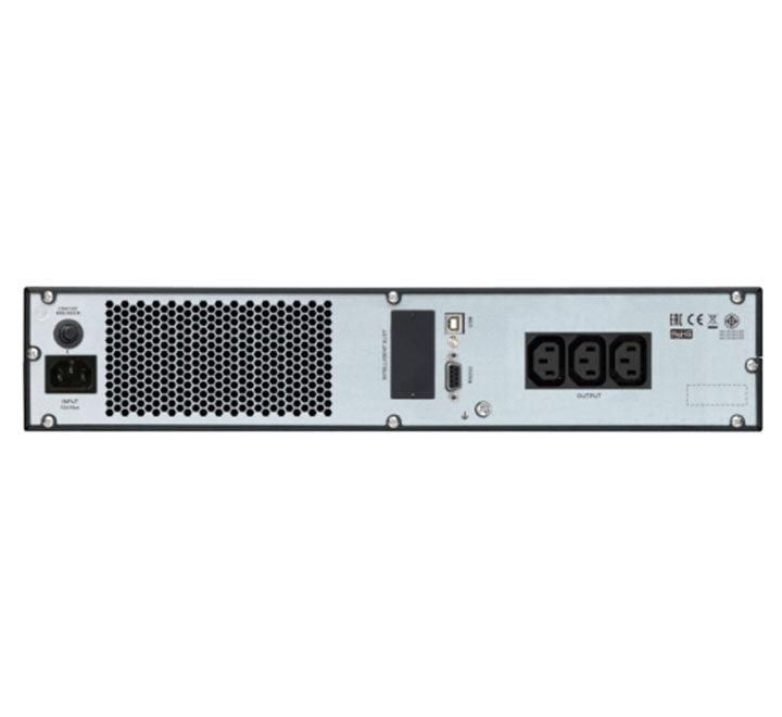Rear view of the APC Easy UPS SRV1KRIRK rackmount displaying IEC output receptacles and communication ports.