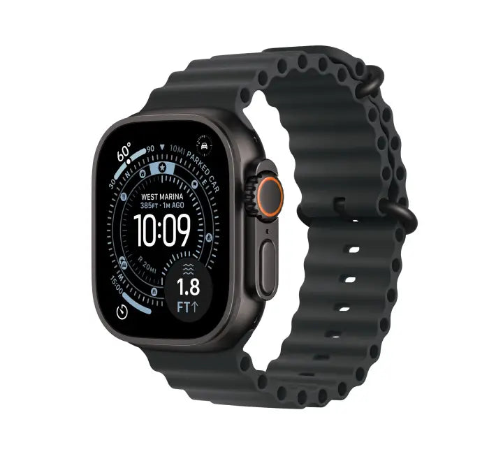 Front view of Apple Watch Ultra 3 GPS Cellular 49mm Black Titanium Case with Black Ocean Band.
