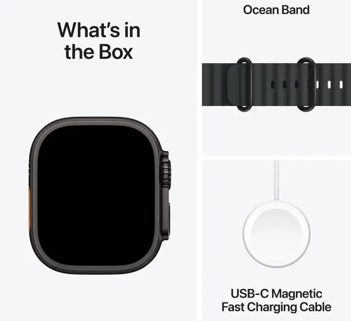 Apple Watch Ultra 3 49mm Black Titanium worn on a wrist with tubular Black Ocean Band for water sports.