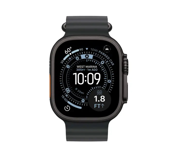 Side profile of Apple Watch Ultra 3 Black Titanium case displaying Digital Crown guard and customizable Action Button.
