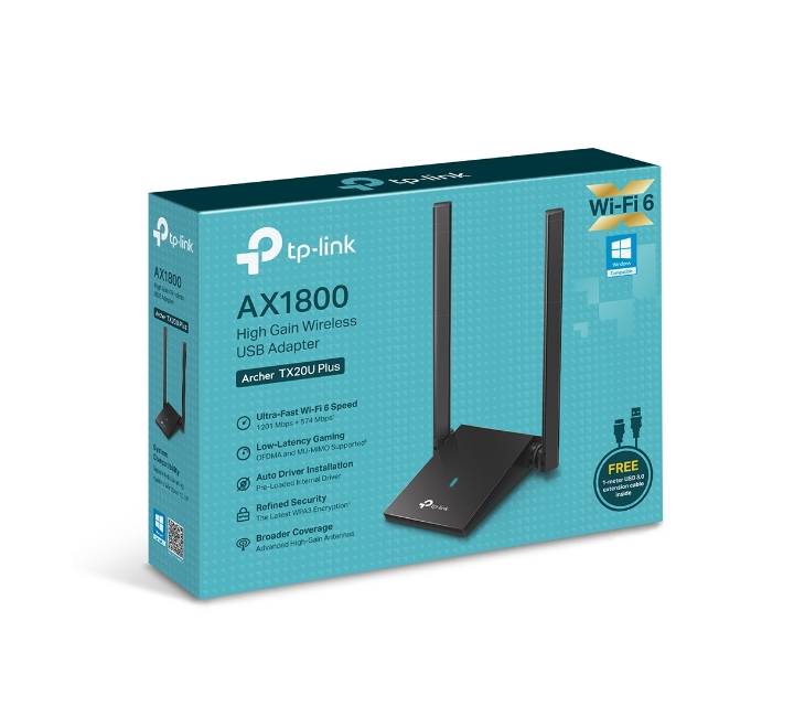 TP-Link Archer TX20U Plus high-gain USB WiFi 6 adapter connected to laptop via USB 3.0 cable.