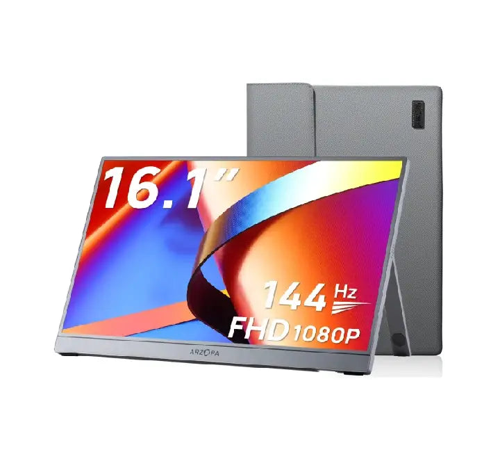 ARZOPA Z1FC 16.1 inch 144Hz portable gaming monitor standing upright with included protective sleeve bag