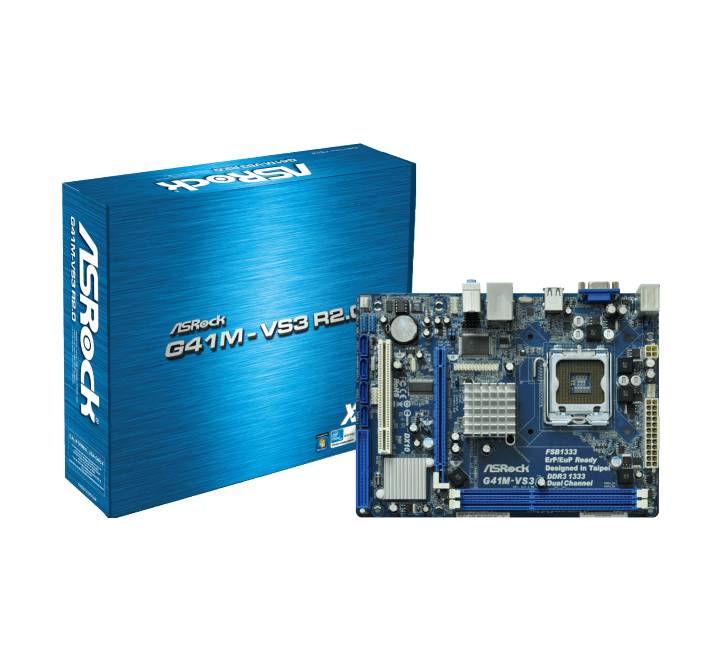 ASRock G41M-VS3 R2.0 Motherboard top view showing LGA 775 socket and DDR3 slots.