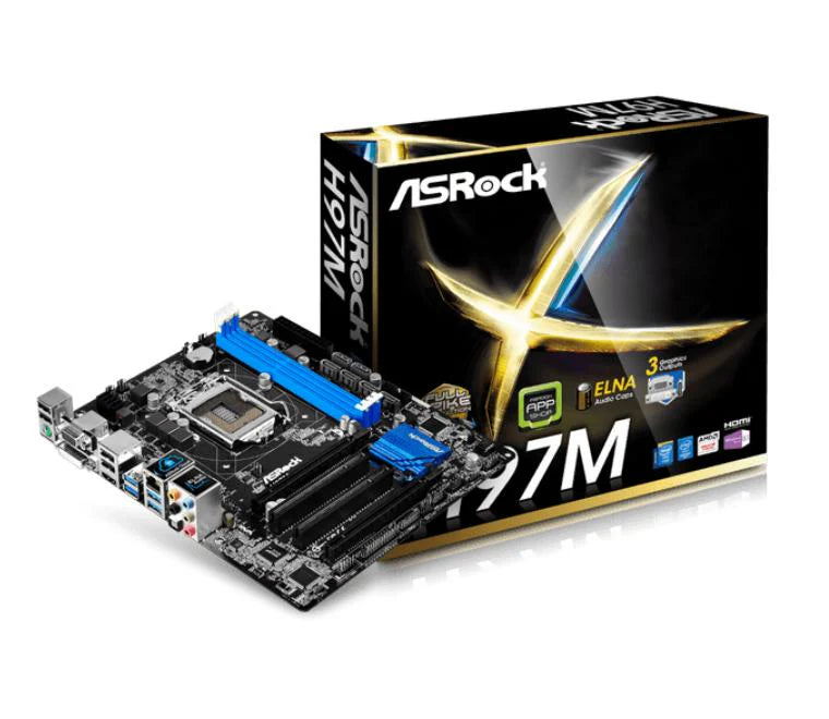 ASRock H97M Micro ATX Motherboard top view showing LGA 1150 socket and RAM slots.
