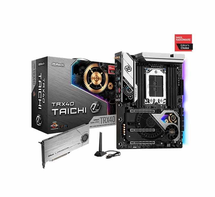 ASRock TRX40 Taichi motherboard showing the sTRX4 socket, 8 DIMM slots, and gear-style heatsink design.