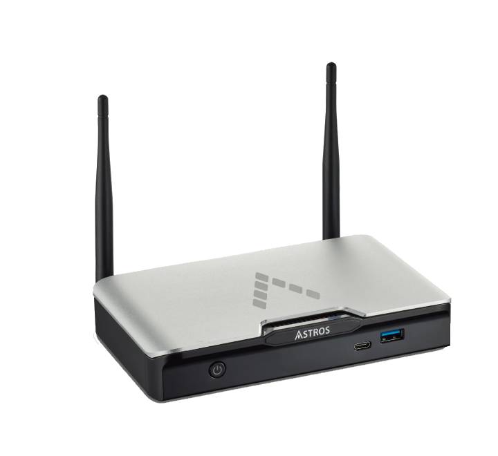 Rear view of the ASTROS Station AS-201 displaying hardware interfaces including HDMI, VGA, USB 3.0 Type-C, LAN PoE port, and power input.