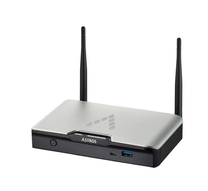 Front angle view of the Astrogate ASTROS Station AS-201 wireless presentation receiver showing its dual external antennas and sleek compact design.