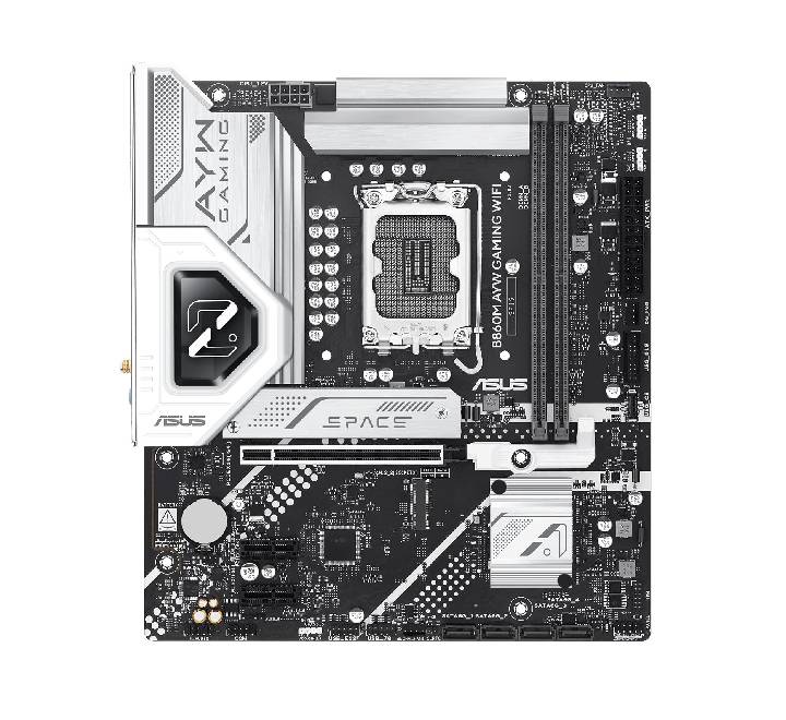 ASUS B860M AYW Gaming WiFi Motherboard top-down view showing layout and heatsinks