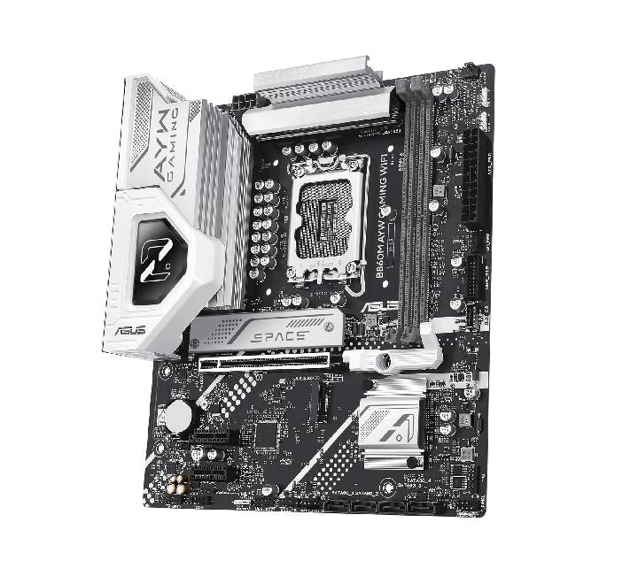 Rear I/O panel of the ASUS B860M AYW Gaming WiFi motherboard displaying ports and Wi-Fi antennas
