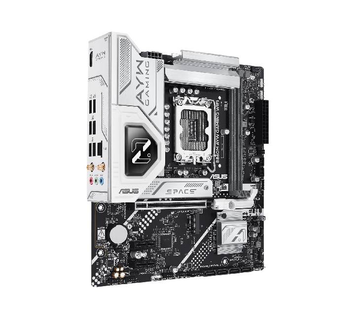 Close-up of the LGA1851 CPU socket and VRM heatsinks on the ASUS B860M AYW motherboard
