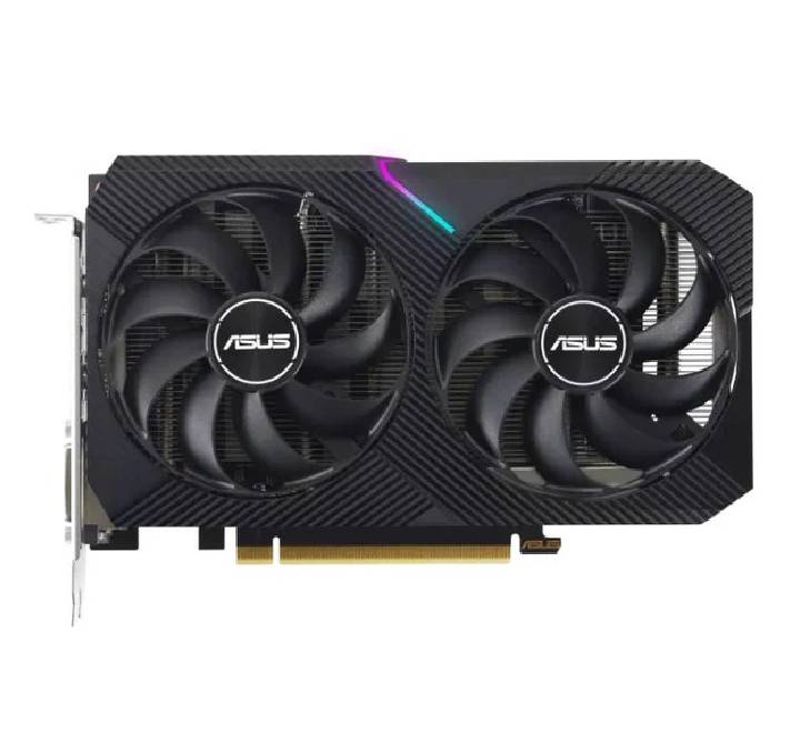 Front view of the ASUS Dual GeForce RTX 3050 OC Edition 6GB graphics card showcasing its two IP5X dust-resistant cooling fans.