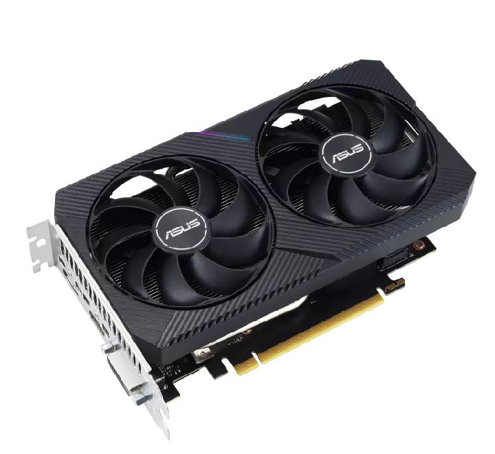 Top side profile of the compact ASUS Dual RTX 3050 6GB graphics card, highlighting the seamless layout requiring no external PCIe power cables.