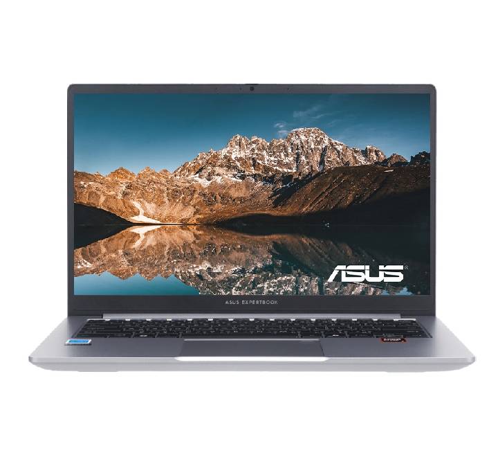 Front angled view of the ASUS ExpertBook PM1 PM1403CDA-S60222WS business laptop in Misty Grey, showcasing its 14-inch anti-glare display.