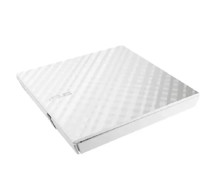 Side perspective view of ASUS SDRW-08D2S-U LITE white portable optical drive with tray extended