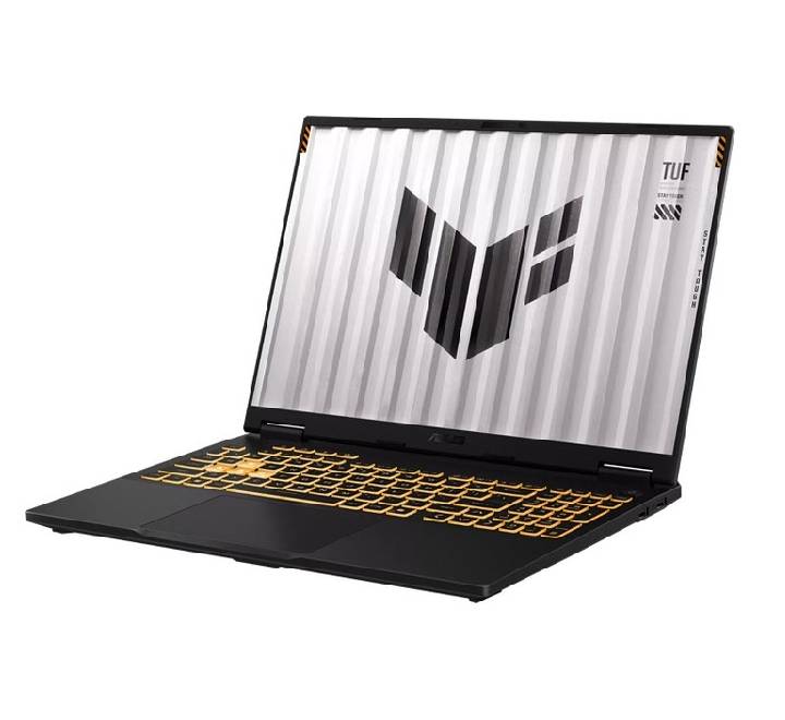ASUS TUF F16 side profile displaying comprehensive ports including USB Type-C, HDMI, and RJ45 LAN.
