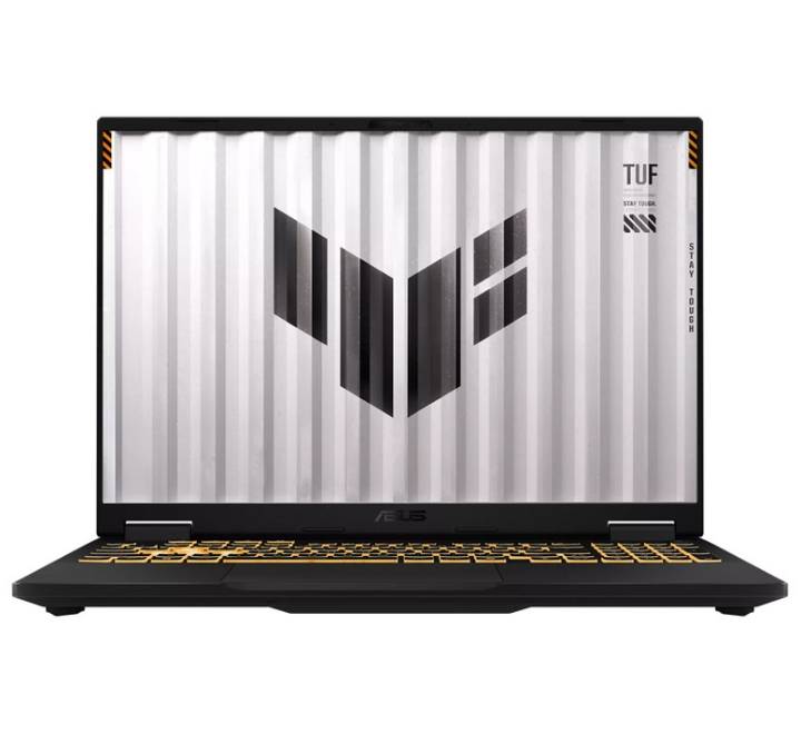 ASUS TUF F16 FX608JHI Jaeger Gray gaming laptop angled top view showcasing display and RGB keyboard.