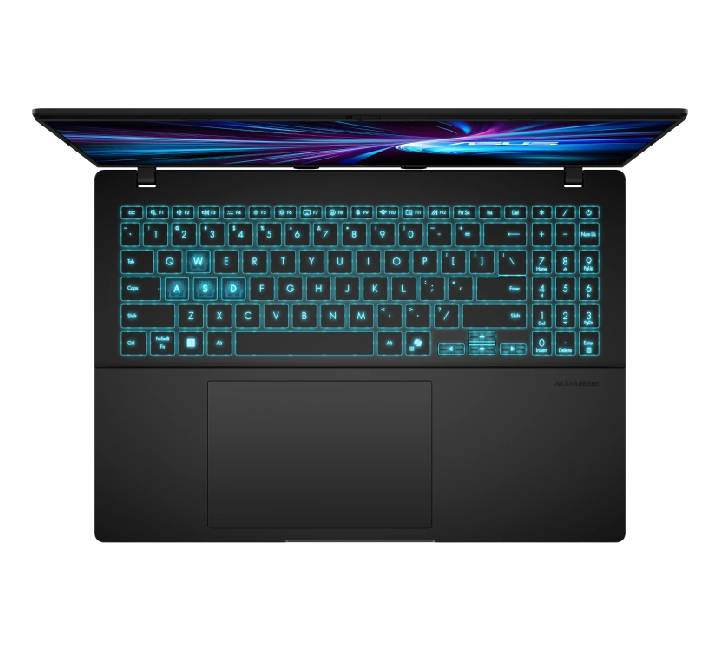 Close-up of the ASUS V16 V3607VU keyboard with Turbo Blue backlighting and integrated Num-key.