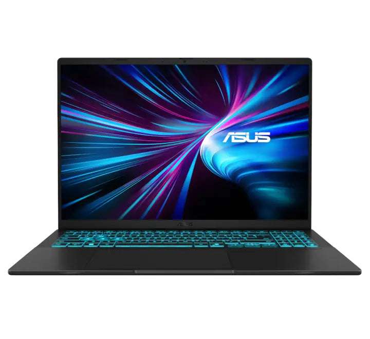Front open view of the ASUS Vivobook Gaming V16 V3607VH-RP030W laptop in Matte Black, showing the 16-inch WUXGA 144Hz display.