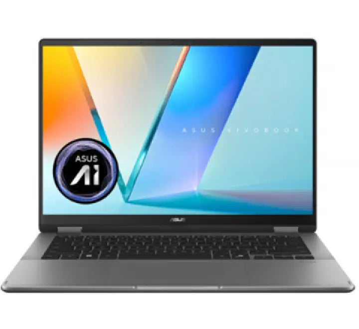 Front view of the ASUS Vivobook S 14 Flip TP3407SA featuring a 14-inch OLED touchscreen display and backlit keyboard.