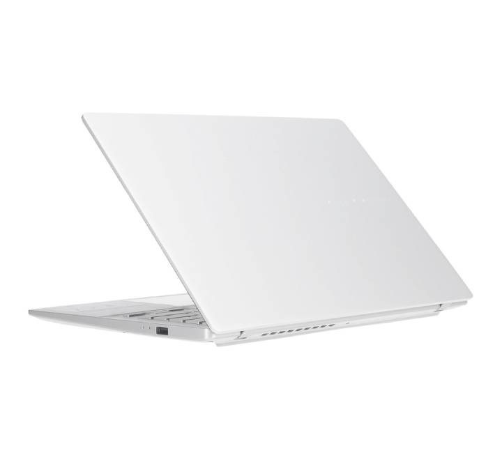 Closed lid view of the Asus Vivobook S14 OLED laptop displaying the sleek Cool Silver finish