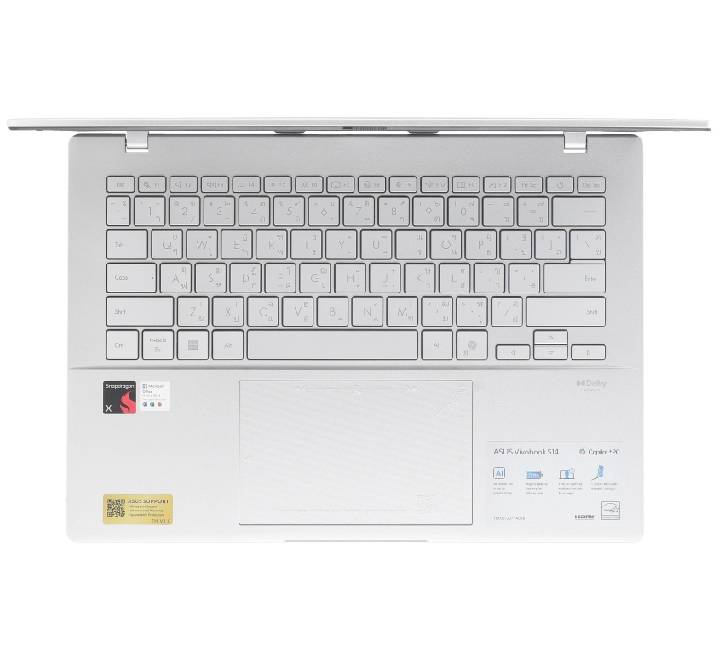 Side profile of the Asus Vivobook S14 OLED highlighting slim chassis and input ports