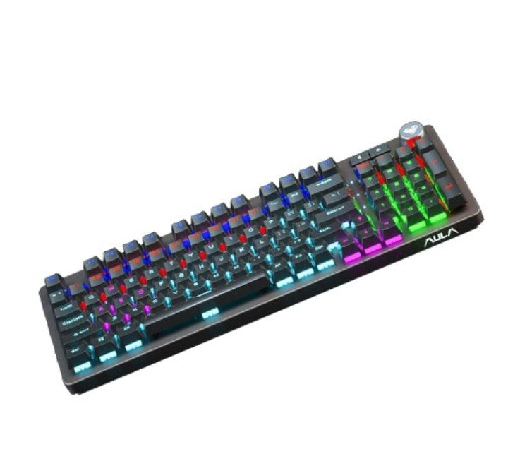 AULA F3080 black wired mechanical keyboard organized on a gaming desk setup with glowing illumination.