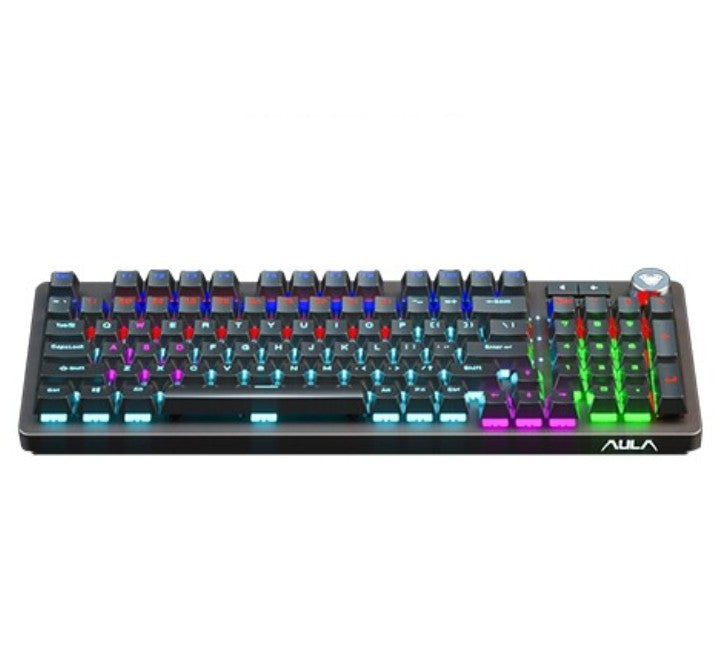 Front view of the AULA F3080 Wired Mechanical Gaming Keyboard in Black showing its dark finish and rainbow backlighting.