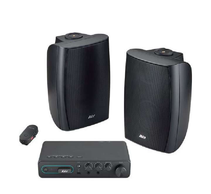 AVer AmpliWave SA-A5 streaming audio system main receiver unit with integrated dual wireless pendant microphones and stereo speakers.