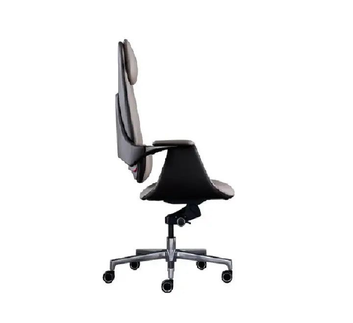 Side profile of the Bai Sheng executive office chair showcasing the ergonomic lumbar curve, padded armrests, and recline mechanism.