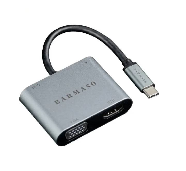 Barmaso 4-in-1 USB-C hub adapter (Model 2565) in aluminum alloy showing HDMI, VGA, USB 3.0, and PD ports.