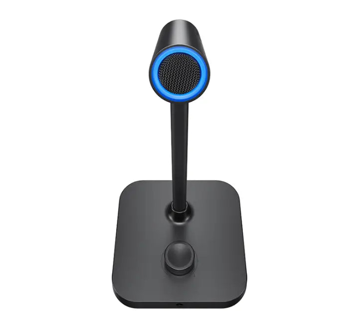 Close-up of the BOYA CM40 base showing the 0-30dB gain adjustment knob, quick mute button, and 3.5mm headphone jack.