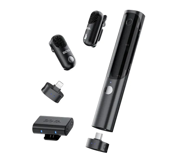 BOYA Magic-02 All-in-One Combo Wireless Microphone in Black with charging case and receivers