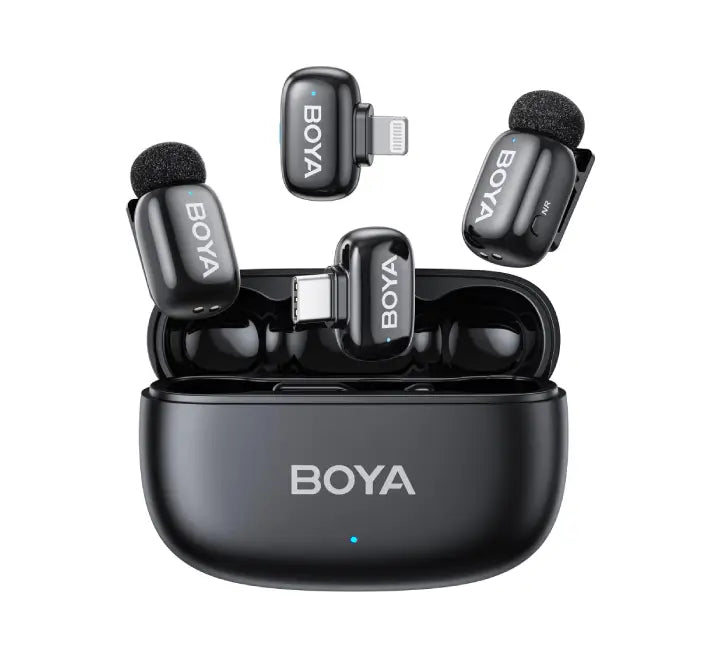 BOYA Mini 2-01 Combo Version wireless microphone system in black featuring two 5g transmitters, USB-C and Lightning receivers, and charging case