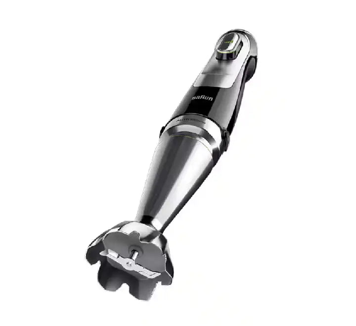 Close-up view of the 2.0-liter XL Food Processor attachment with dicing grids and slicing discs included in the Braun MQ9187XLI premium hand blender bundle.