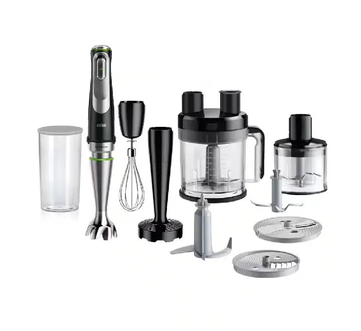 Braun MultiQuick 9 MQ 9187XLI Hand Blender Premium Set displaying the main 1200W motor unit, ActiveBlade wand, XL food processor, dicing kit, chopper, puree tool, whisk, and beaker.