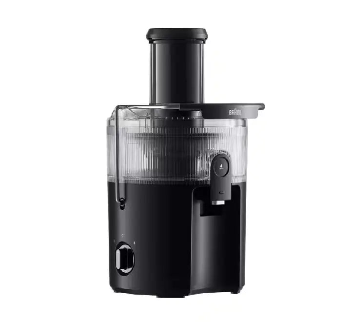 Braun MultiJuice 5 Spin Juicer SJ5000BK in matte black on a kitchen counter next to a clear juice pitcher filled with fresh orange juice.