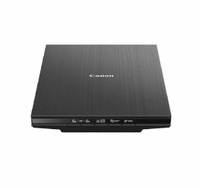 Canon CanoScan LiDE 400 compact flatbed scanner in black showing sleek lid and front EZ buttons