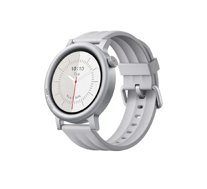 CMF by Nothing Watch 3 Pro in Light Grey, showcasing a modern, minimalist watch face on the high-resolution AMOLED touch screen with a clean white-grey strap.