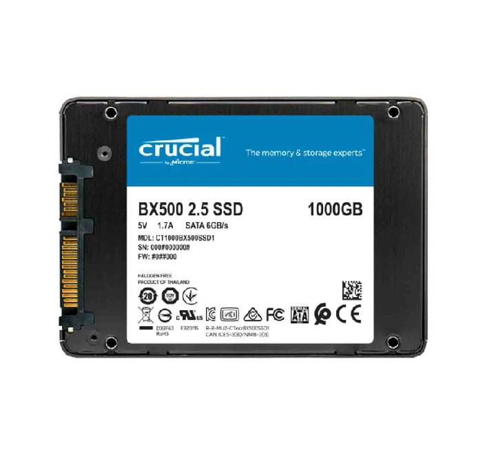 Close-up angle of the Crucial BX500 1TB internal solid state drive showcasing its standard 7mm form factor and rear connection pins.
