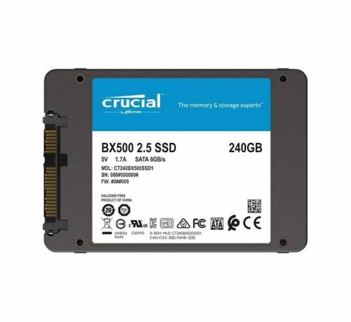 Rear view of Crucial BX500 240GB internal SSD displaying the standard SATA data and power connector pins along with product model stickers.